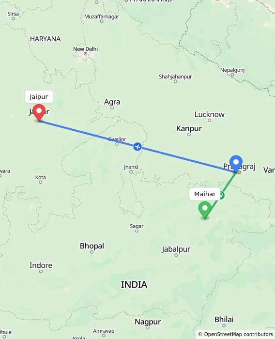 Route map showing distance and travel time from Maihar, India to Jaipur, India