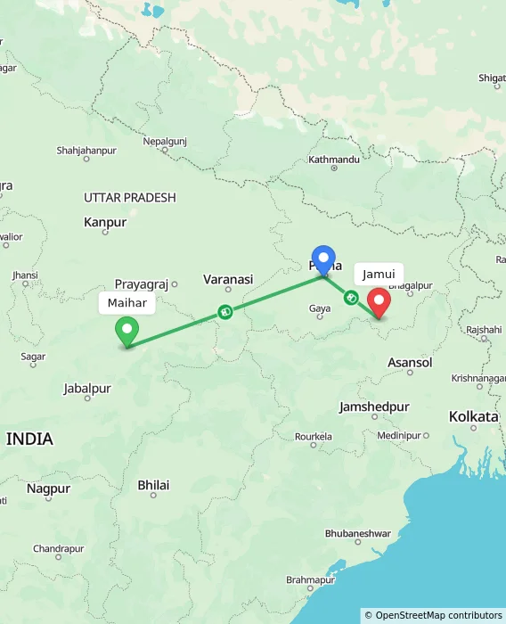 Route map showing distance and travel time from Maihar, India to Jamui, India