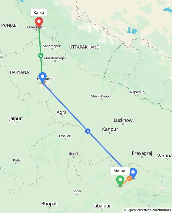 Route map showing distance and travel time from Maihar, India to Kalka, India