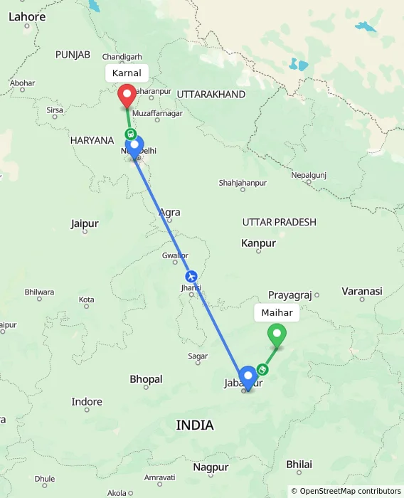 Route map showing distance and travel time from Maihar, India to Karnal, India
