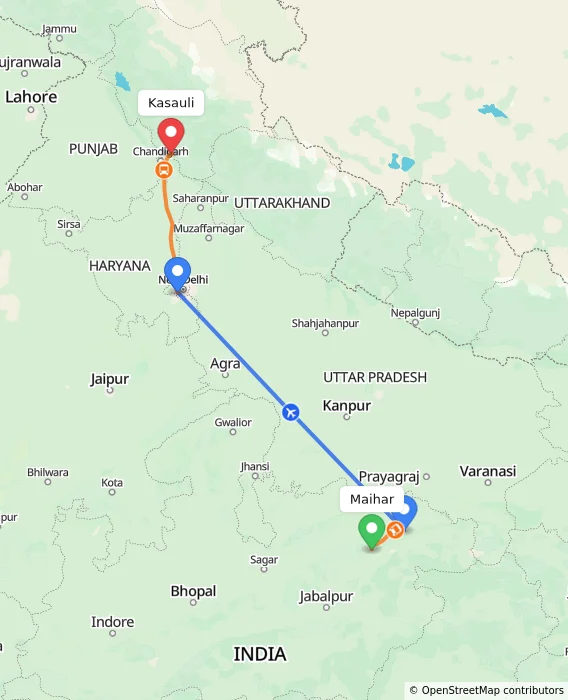 Route map showing distance and travel time from Maihar, India to Kasauli, India
