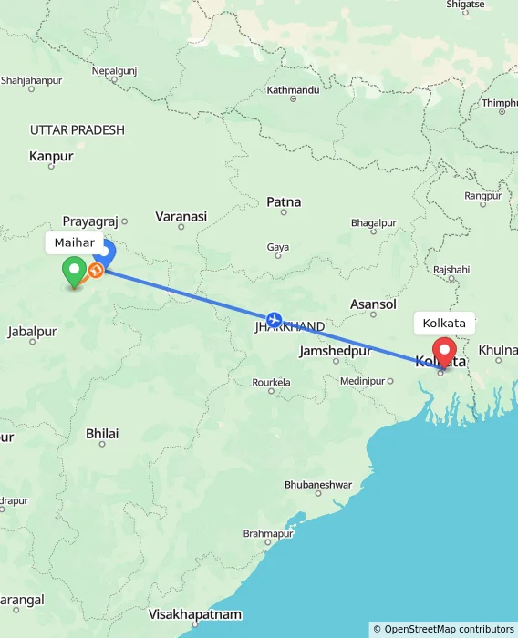 Route map showing distance and travel time from Maihar, India to Kolkata, India