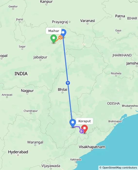 Route map showing distance and travel time from Maihar, India to Koraput, India
