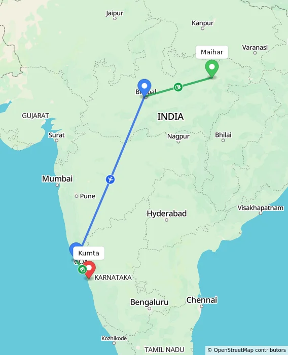 Route map showing distance and travel time from Maihar, India to Kumta, India