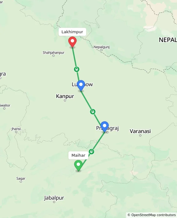 Route map showing distance and travel time from Maihar, India to Lakhimpur, India