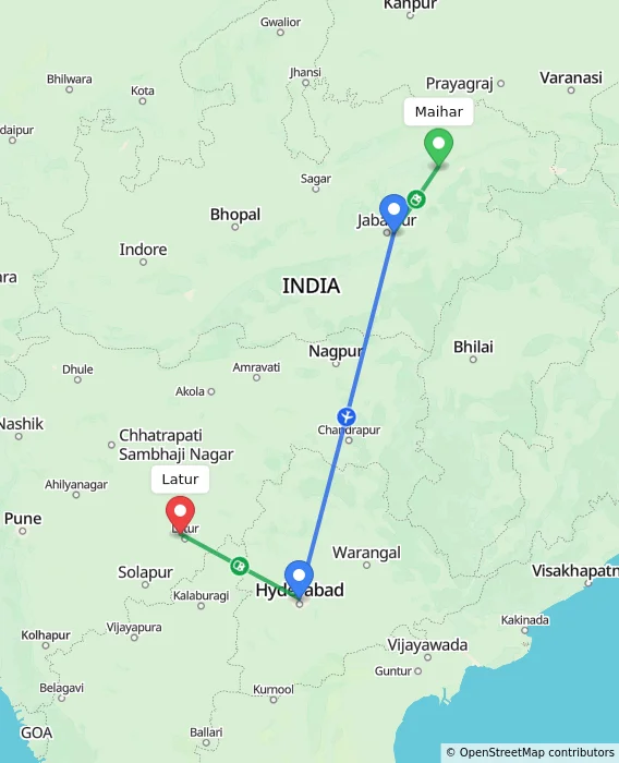 Route map showing distance and travel time from Maihar, India to Latur, India