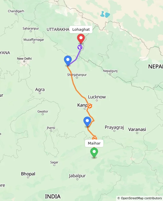 Route map showing distance and travel time from Maihar, India to Lohaghat, India