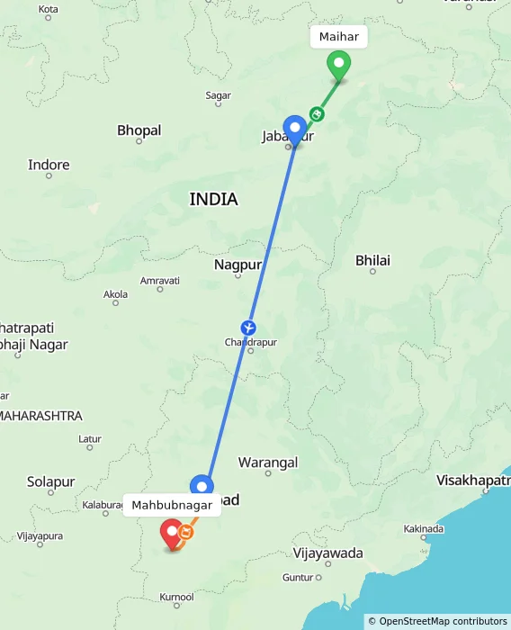 Route map showing distance and travel time from Maihar, India to Mahbubnagar, India