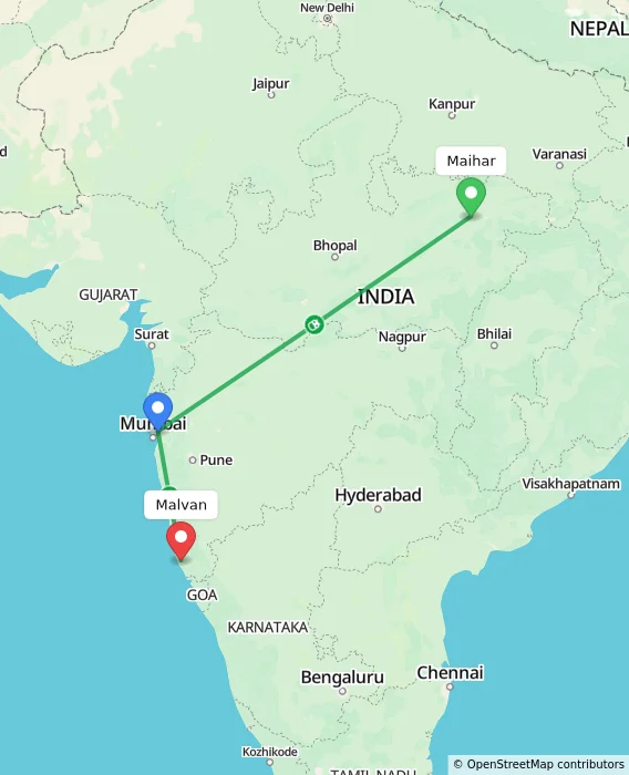 Route map showing distance and travel time from Maihar, India to Malvan, India