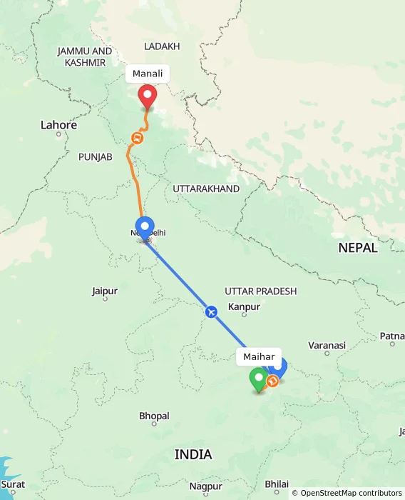 Route map showing distance and travel time from Maihar, India to Manali, India