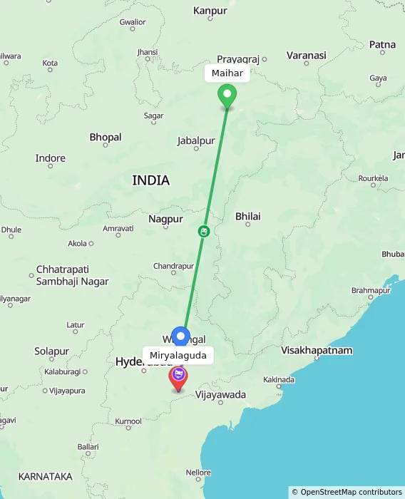 Route map showing distance and travel time from Maihar, India to Miryalaguda, India