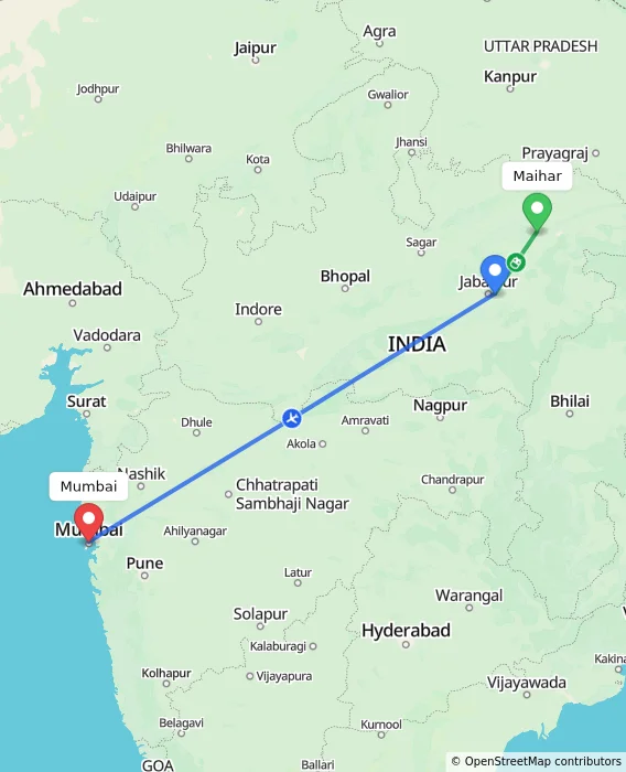 Route map showing distance and travel time from Maihar, India to Mumbai, India