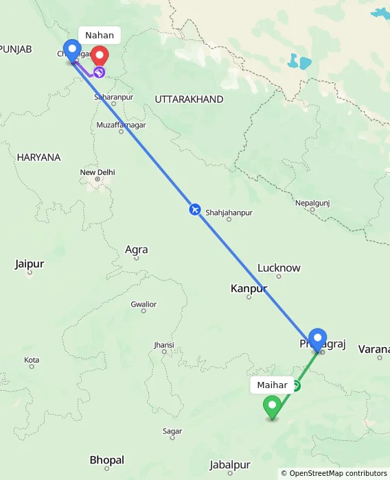 Route map showing distance and travel time from Maihar, India to Nahan, India