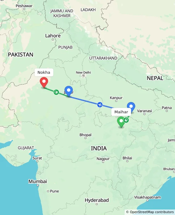 Route map showing distance and travel time from Maihar, India to Nokha, India