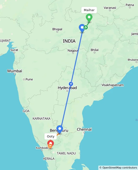 Route map showing distance and travel time from Maihar, India to Ooty, India