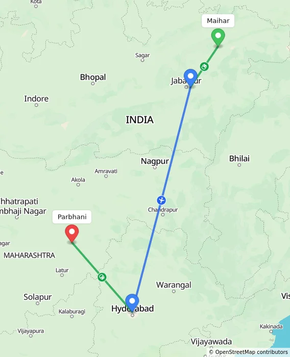 Route map showing distance and travel time from Maihar, India to Parbhani, India