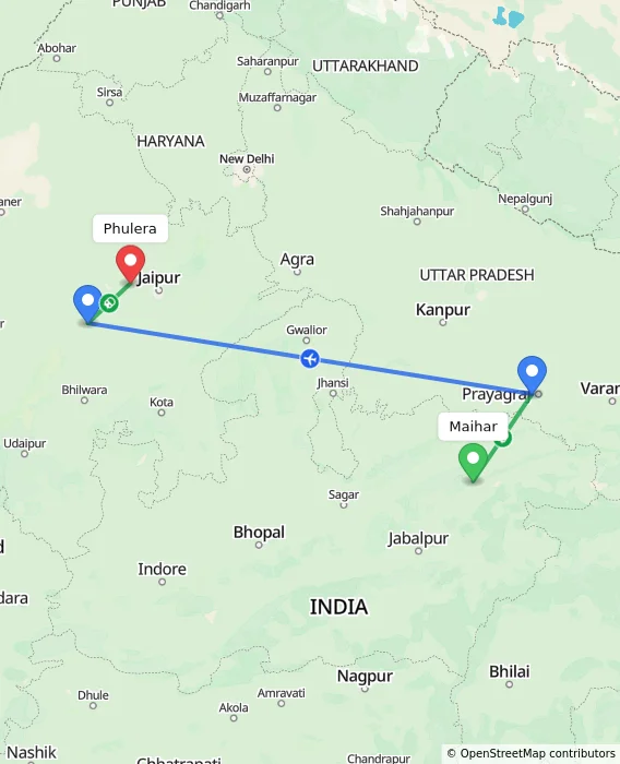 Route map showing distance and travel time from Maihar, India to Phulera, India