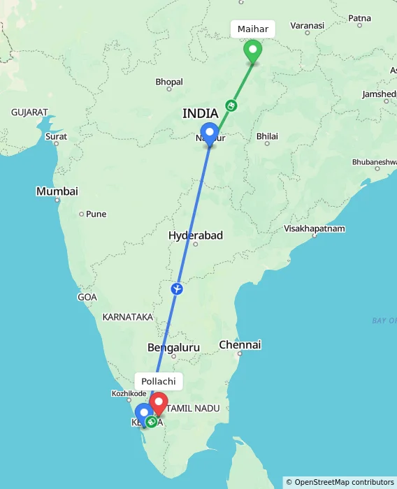 Route map showing distance and travel time from Maihar, India to Pollachi, India