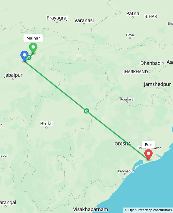 Route map showing distance and travel time from Maihar, India to Puri, India
