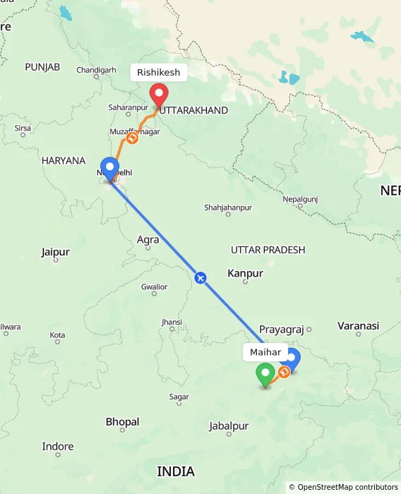 Route map showing distance and travel time from Maihar, India to Rishikesh, India