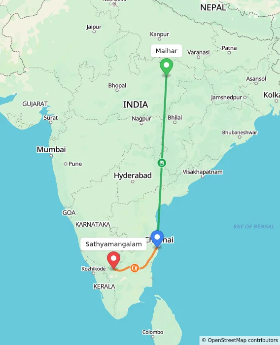 Route map showing distance and travel time from Maihar, India to Sathyamangalam, India