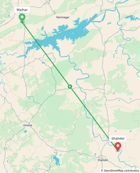 Route map showing distance and travel time from Maihar, India to Shahdol, India