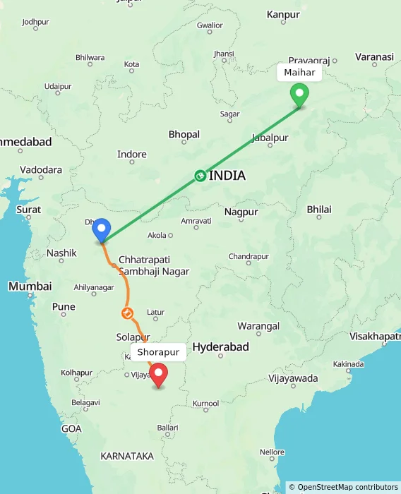 Route map showing distance and travel time from Maihar, India to Shorapur, India