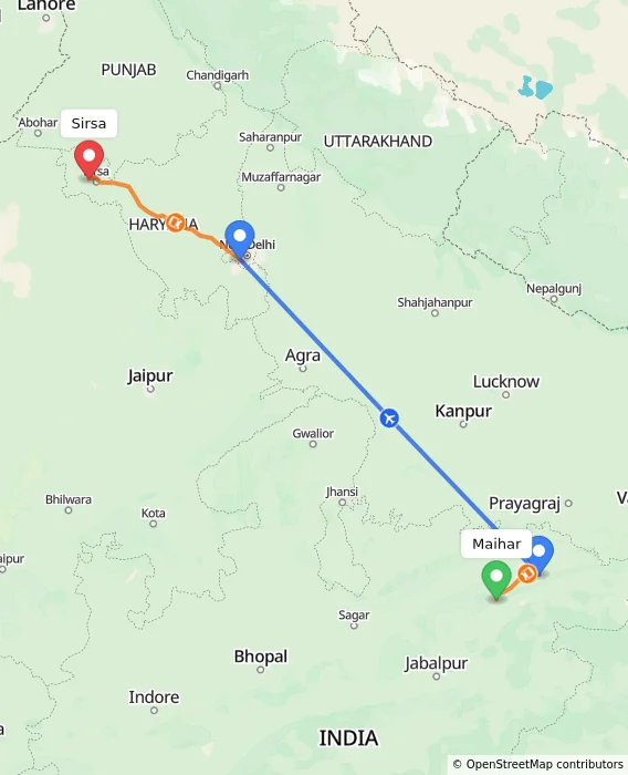 Route map showing distance and travel time from Maihar, India to Sirsa, India