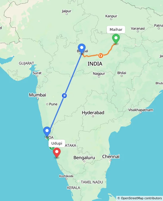 Route map showing distance and travel time from Maihar, India to Udupi, India