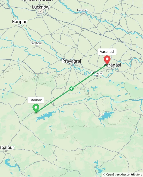 Route map showing distance and travel time from Maihar, India to Varanasi, India