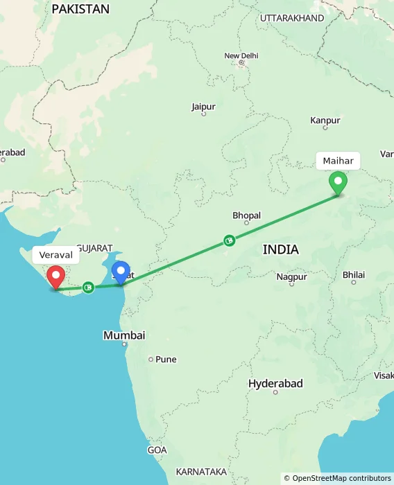 Route map showing distance and travel time from Maihar, India to Veraval, India