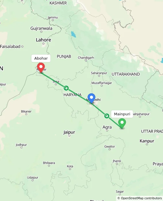 Route map showing distance and travel time from Mainpuri, India to Abohar, India