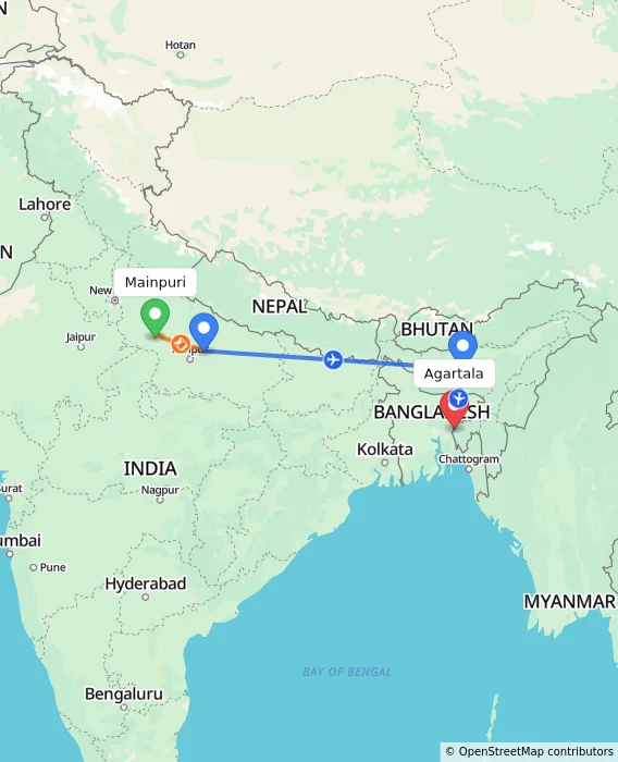 Route map showing distance and travel time from Mainpuri, India to Agartala, India