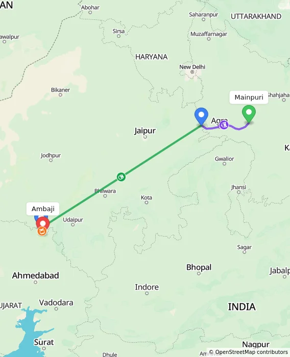 Route map showing distance and travel time from Mainpuri, India to Ambaji, India