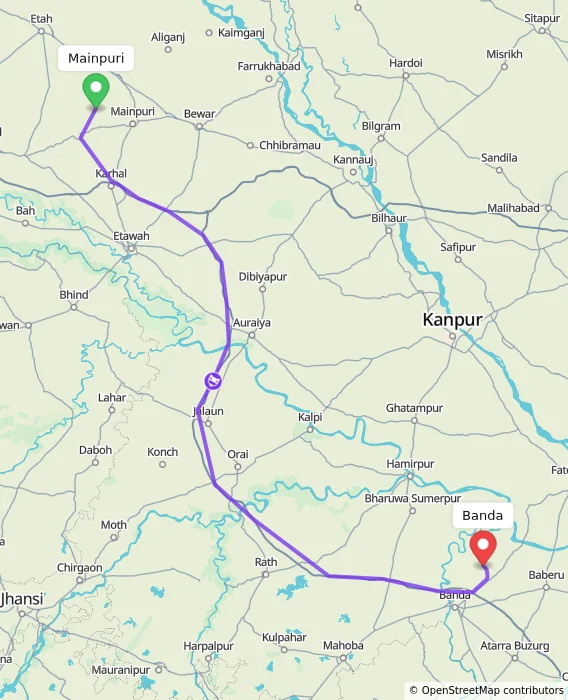 Route map showing distance and travel time from Mainpuri, India to Banda, India