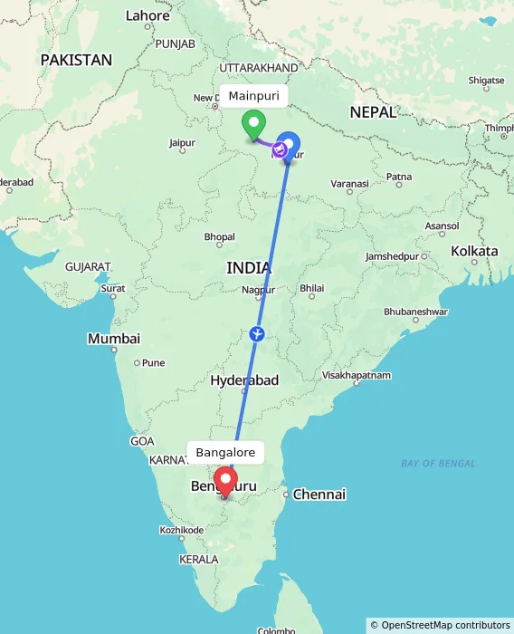 Route map showing distance and travel time from Mainpuri, India to Bangalore, India