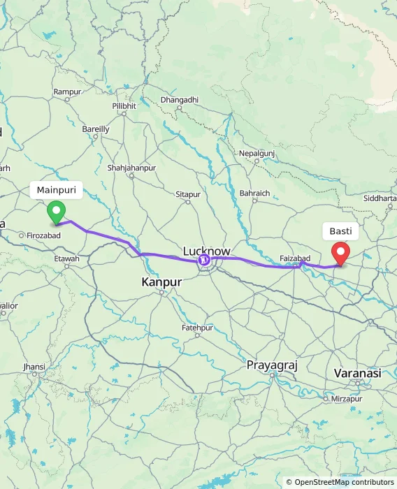 Route map showing distance and travel time from Mainpuri, India to Basti, India