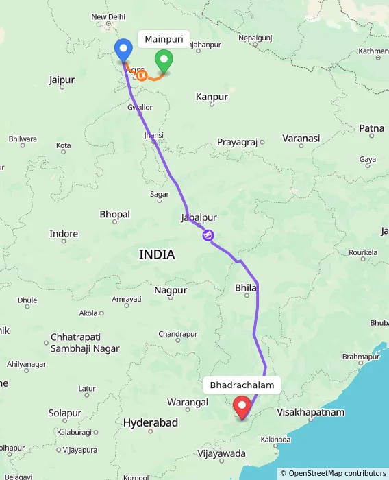 Route map showing distance and travel time from Mainpuri, India to Bhadrachalam, India