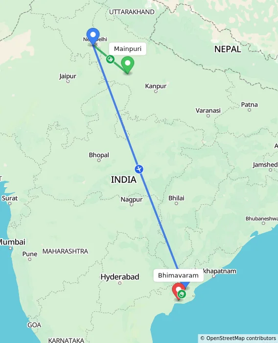 Route map showing distance and travel time from Mainpuri, India to Bhimavaram, India