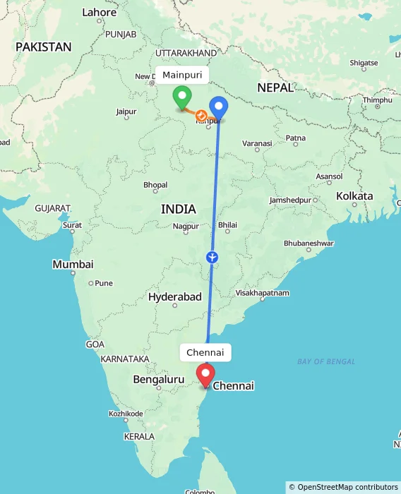 Route map showing distance and travel time from Mainpuri, India to Chennai, India