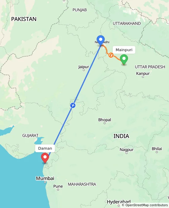 Route map showing distance and travel time from Mainpuri, India to Daman, India