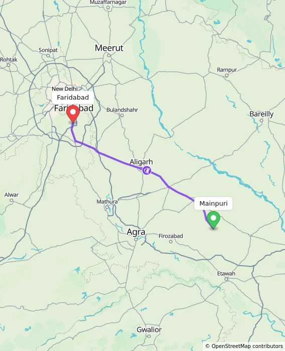 Route map showing distance and travel time from Mainpuri, India to Faridabad, India