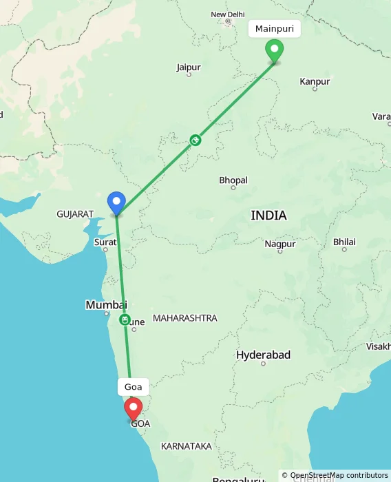 Route map showing distance and travel time from Mainpuri, India to Goa, India
