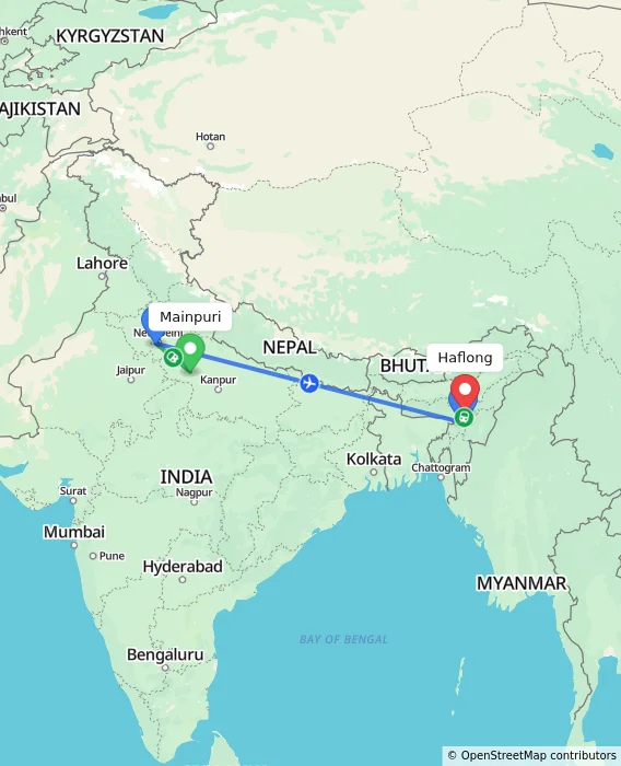 Route map showing distance and travel time from Mainpuri, India to Haflong, India