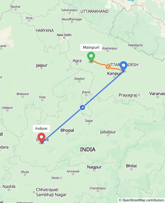 Route map showing distance and travel time from Mainpuri, India to Indore, India