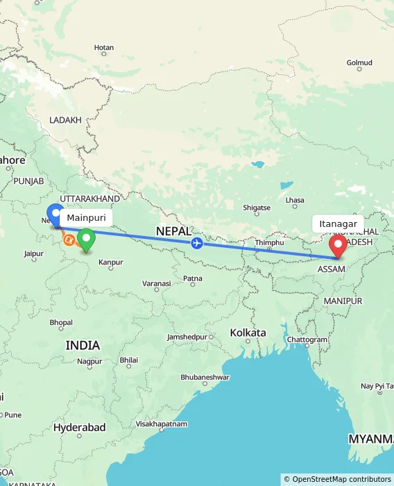 Route map showing distance and travel time from Mainpuri, India to Itanagar, India
