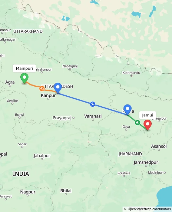 Route map showing distance and travel time from Mainpuri, India to Jamui, India