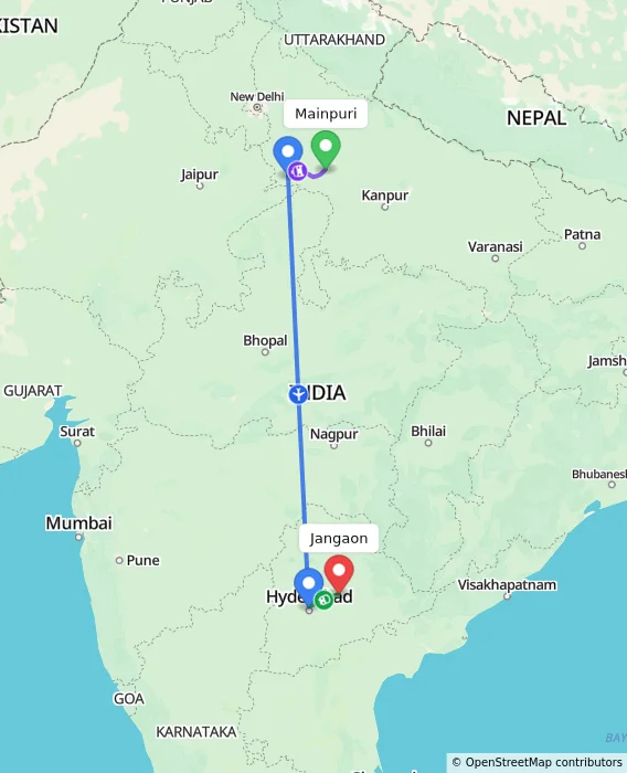 Route map showing distance and travel time from Mainpuri, India to Jangaon, India