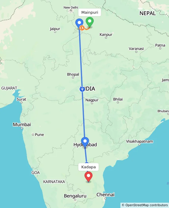 Route map showing distance and travel time from Mainpuri, India to Kadapa, India
