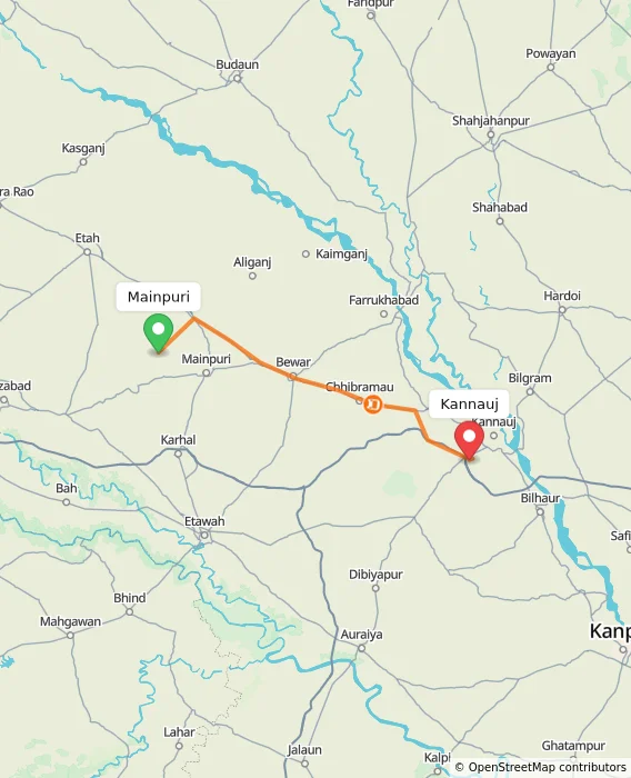 Route map showing distance and travel time from Mainpuri, India to Kannauj, India